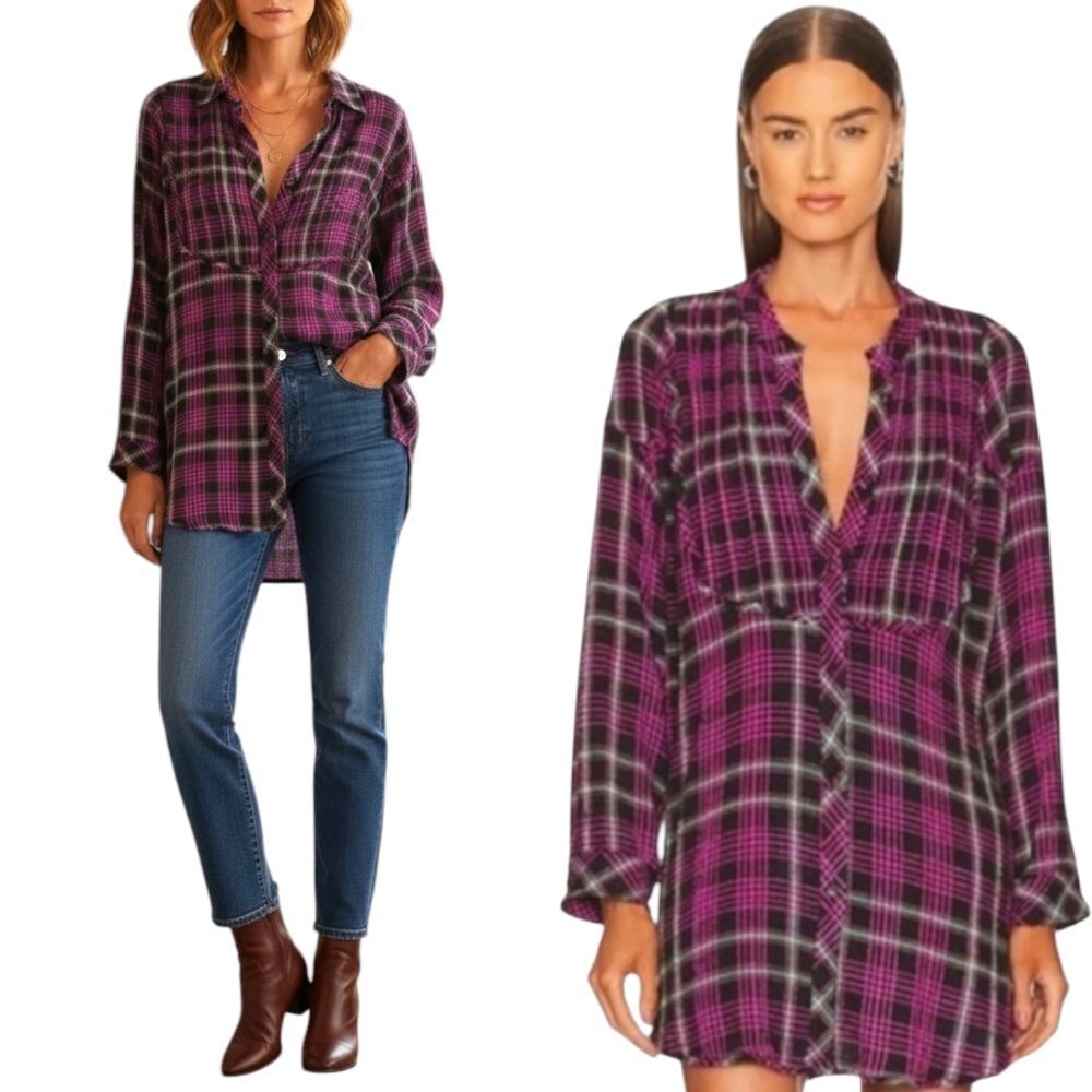 Free People Oversized Viscose Plaid about You Tunic Shirt M